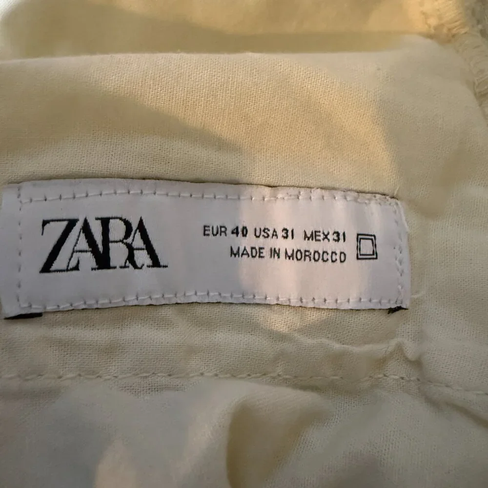 Zara Linen Straight Leg Pants Womens 31 Ivory Lagenlook Minimalist Beach Coastal